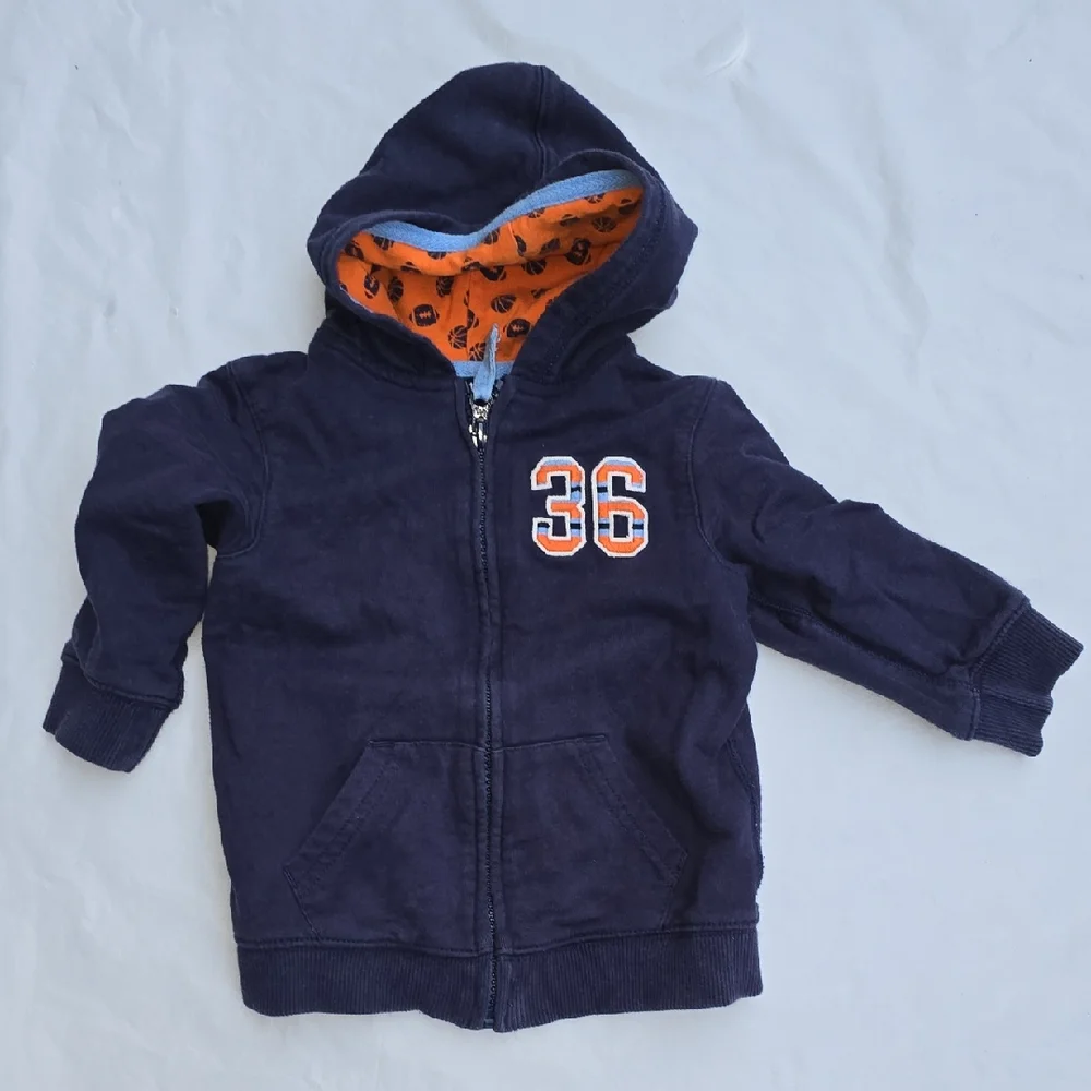 Carters Navy Zip-Up Hoodie with Orange Accent Basketball And Football Season 18M